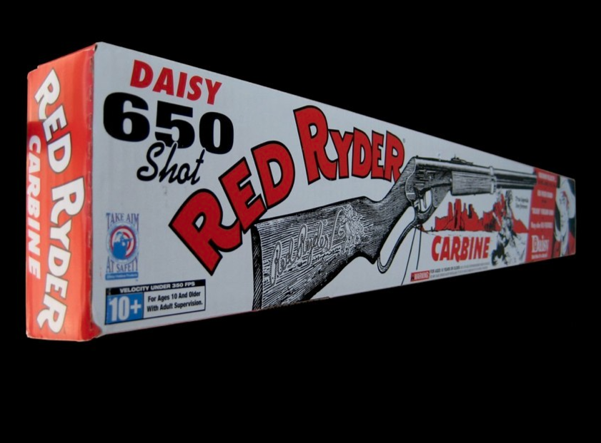 A Red Ryder BB Gun box that says: Daisy 650 Shot Red Ryder Carbine, For ages 10 and older with adult supervision
