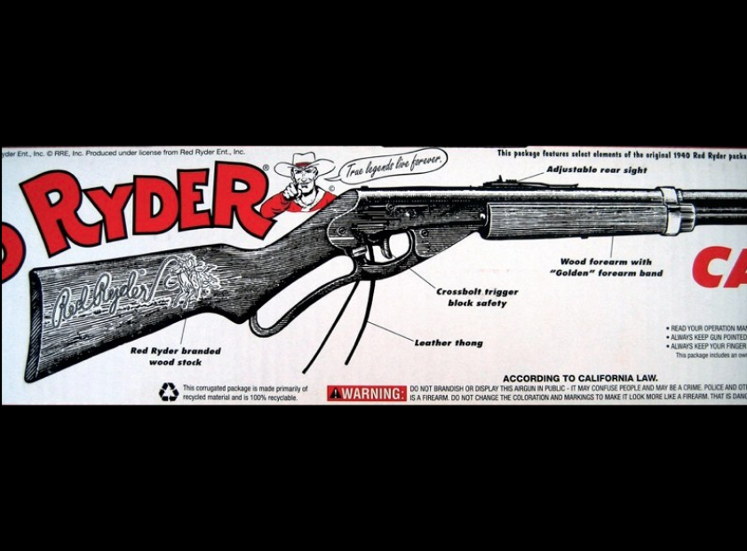 A Red Ryder BB Gun box with a diagram of the gun and a warning label