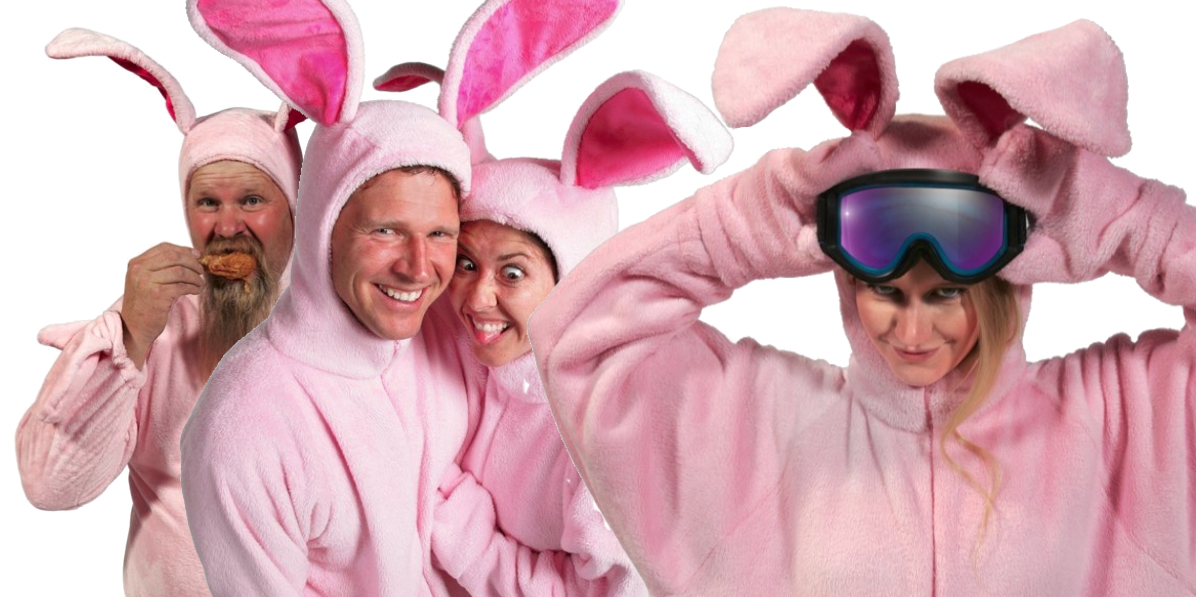 A group of people wear pink bunny pajamas.