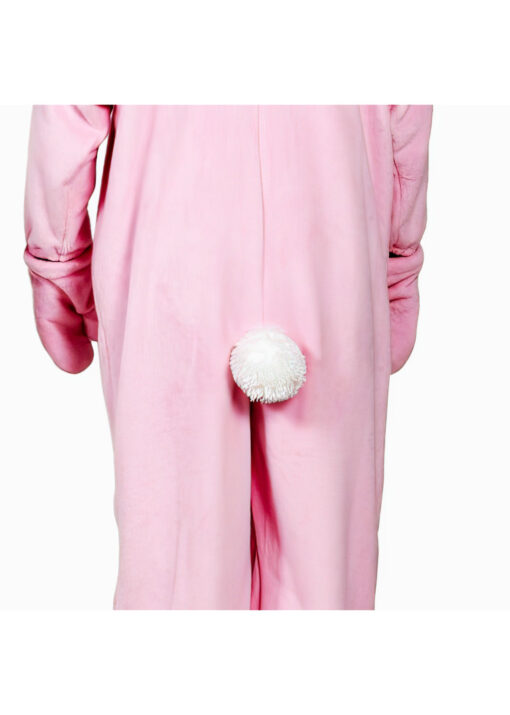 The back view of pink bunny pajamas shows a puffy tail