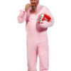 A man eats a bucket of Kentucky Fried Chicken while wearing pink bunny pajamas
