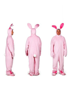 The side, back, and front views of a man wearing a set of pink bunny pajamas