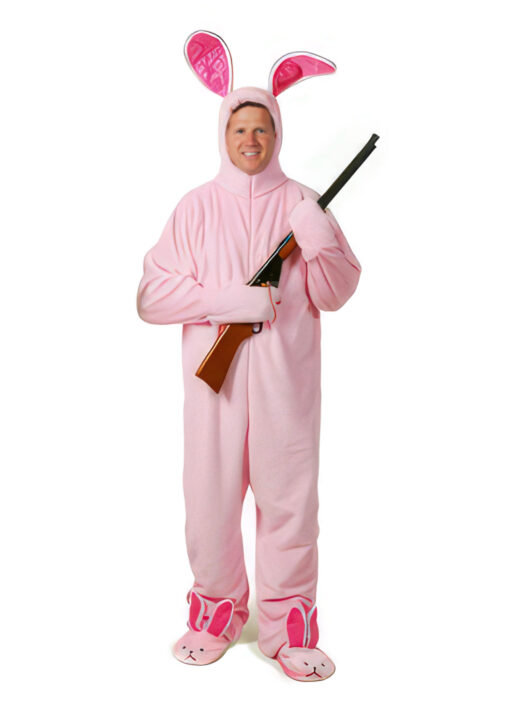 A man holds his Red Ryder BB Gun while wearing his pink bunny pajamas